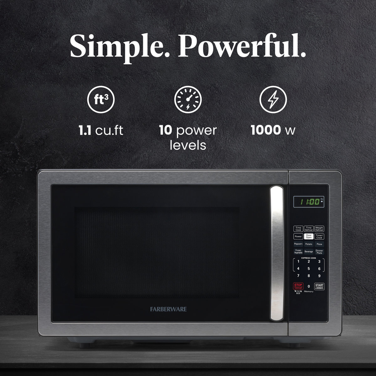 Farberware Classic Countertop Microwave Oven, 1.1 Cubic Feet cu. ft., 1000 watts, with Child Lock FMO11AHTBKB